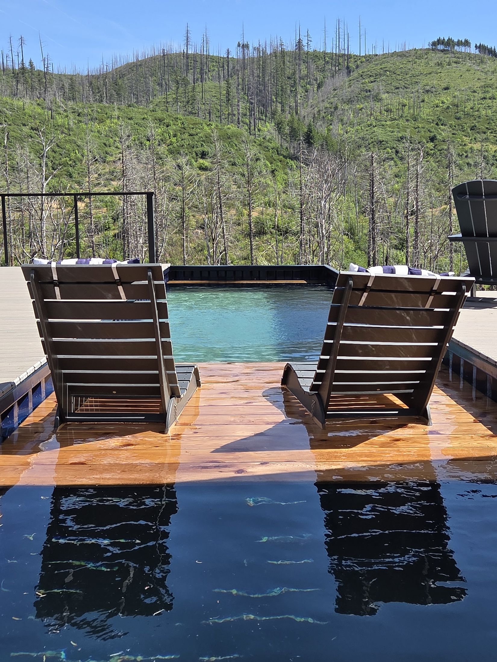Heated pool with Baja shelf at Vida View Retreat McKenzie River vacation rental in Vida Oregon
