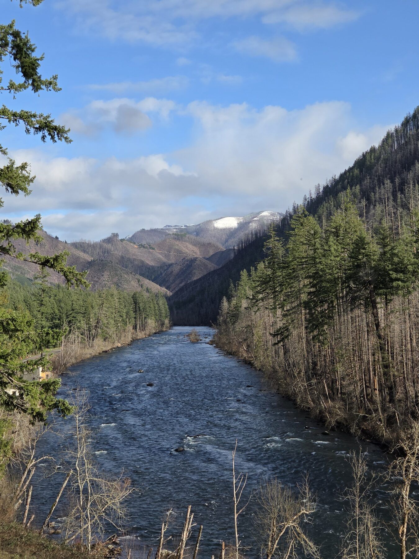 The McKenzie River winding through snow-capped mountains